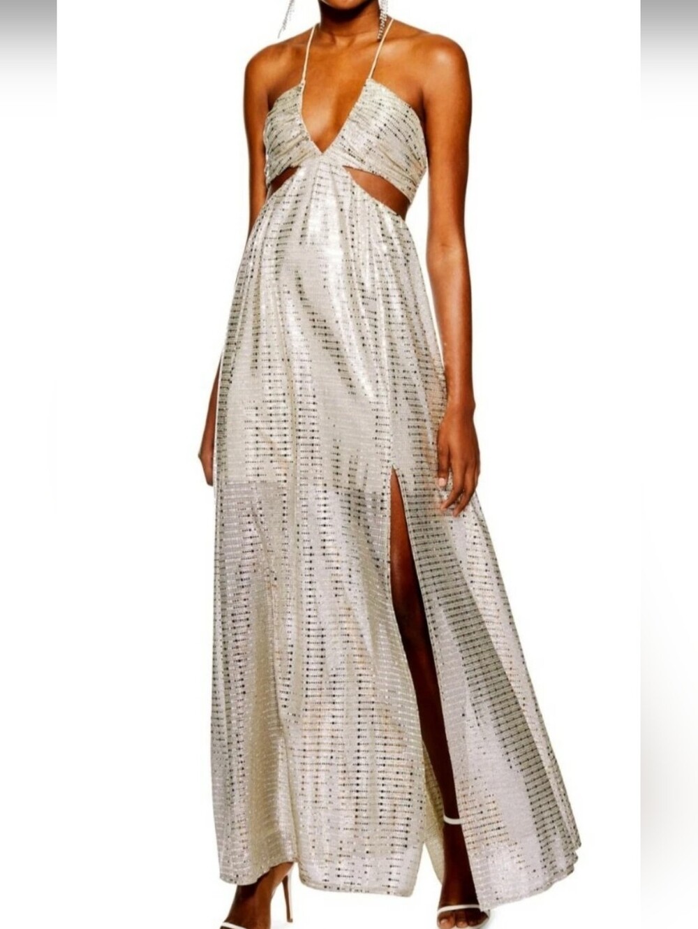NWT TOPSHOP Glitter Cut Out Maxi Party Dress Gown Silver Metallic Slit 4 US